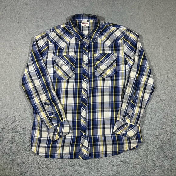 True Religion Yellow & blue plaid cotton button-up shirt Men’s 2XL #610 - Picture 1 of 9